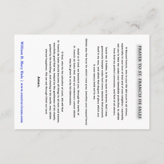 St. Francis de Sales Prayer Kaart (Achterkant)