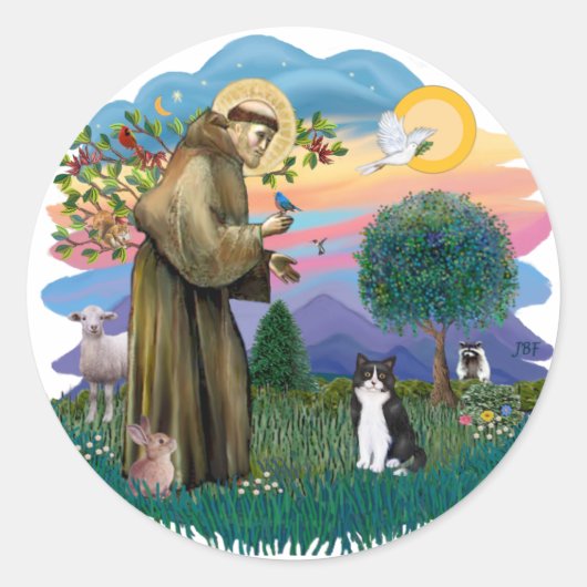 St Francis (ff) - Zwarte en witte kat Ronde Sticker (Voorkant)