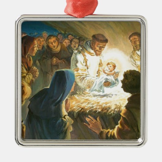 St Francis met Baby Jesus kerstcadeau nativiteit Metalen Ornament (Voorkant)