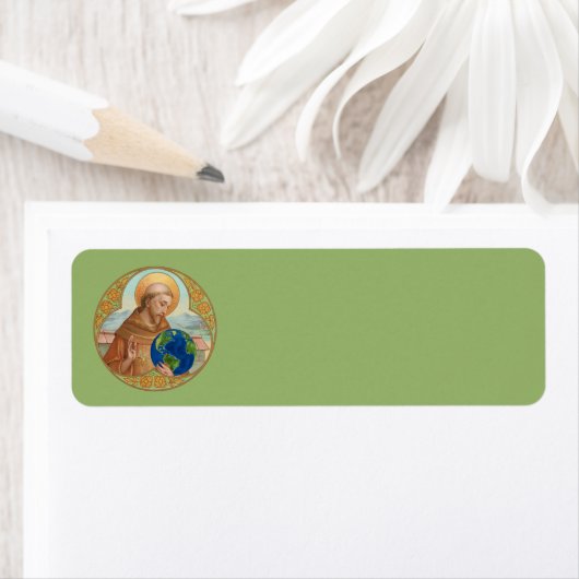 St. Francis van Assisi Holding Earth Etiket (Insitu)