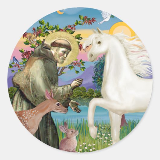 St Francis - White Arabian Horse Ronde Sticker (Voorkant)