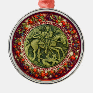 ST.GEORGE, DRAGON BRONZE MEDALLION FLORAL CROWN METALEN ORNAMENT