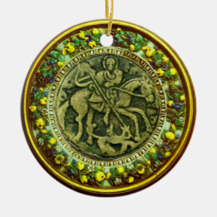 ST.GEORGE, DRAGON/MADONNA EN KINDERSTROOM KERAMISCH ORNAMENT