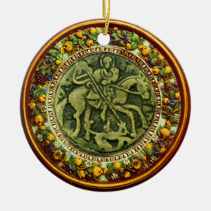 ST.GEORGE, DRAGON/MADONNA EN KINDERSTROOM KERAMISCH ORNAMENT