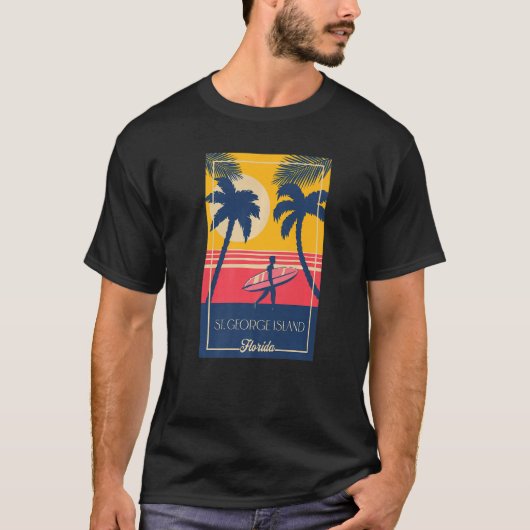 St George Island Florida Retro Surfer Beach Sunset T-shirt (Voorkant)