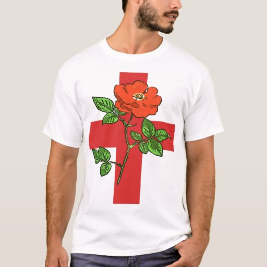 St George-kruis gestileerd en rode roos T-shirt (Voorkant)