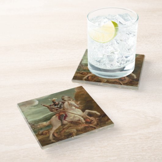 St. George slaying the dragon (olie op het paneel) Glazen Onderzetter (Schuin)