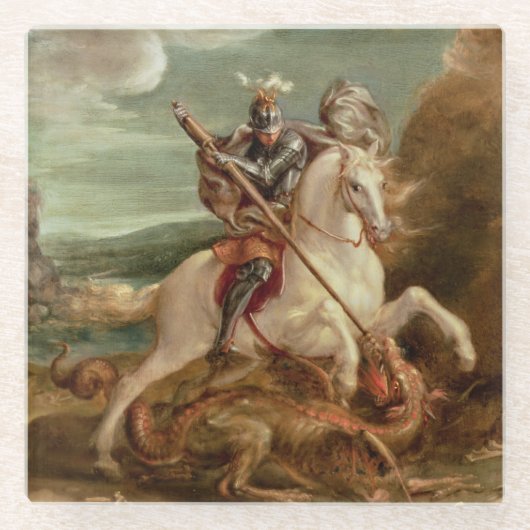 St. George slaying the dragon (olie op het paneel) Glazen Onderzetter (Voorkant)