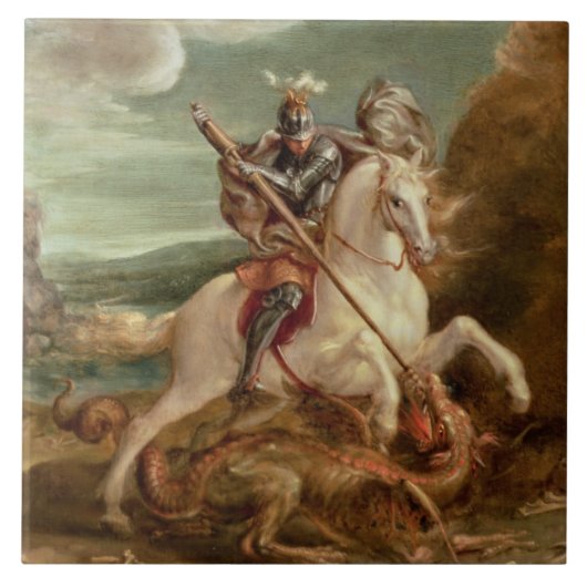 St. George slaying the dragon (olie op het paneel) Tegeltje (Voorkant)