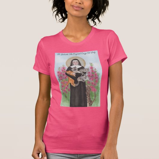 St. Gertrude Cat Lady Waterverf Folk Art Pink T-shirt (Voorkant)