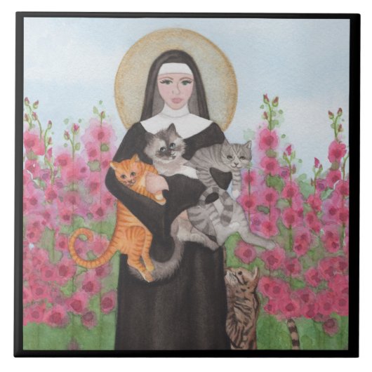 St. Gertrude Patron of Cats Waterverf Border Tegeltje (Voorkant)