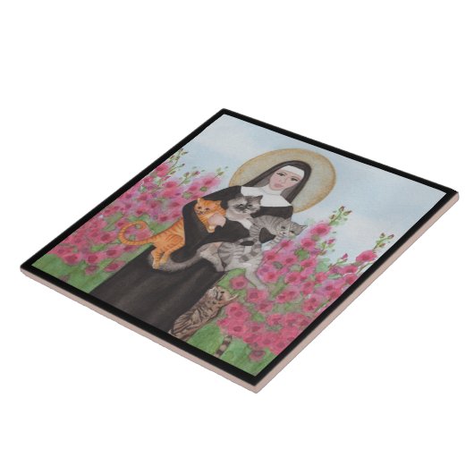 St. Gertrude Patron of Cats Waterverf Border Tegeltje (Zijkant)