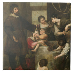 St. Isidore redt een kind dat in een handdoek was Tegeltje