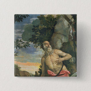 St. Jerome in Penitence (olie op doek) Vierkante Button 5,1 Cm