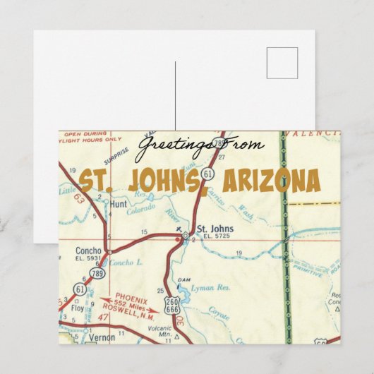 St. Johns Arizona  Map Briefkaart (Voorkant / Achterkant)