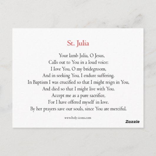 St. Julia Prayer Card Briefkaart (Achterkant)