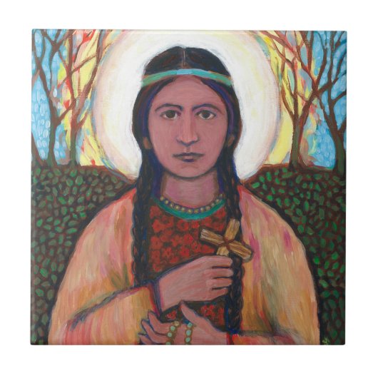 St. Kateri Tekakwitha keramische tegel (4,25 x 4,2 Tegeltje (Voorkant)