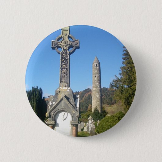 St Kevin's Cross en Round Tower Glendalough Ronde Button 5,7 Cm (Voorkant)