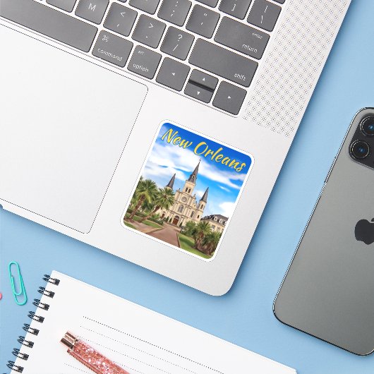 St Louis Cathedral New Orleans Waterverf Sticker (Laptop met iPhone)