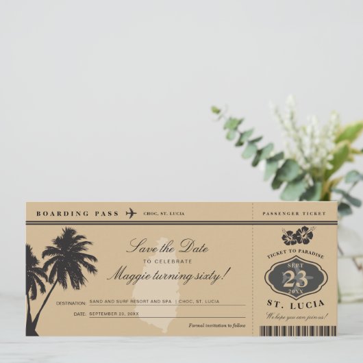 St Lucia Boarding Pass Save the Date Birthday (Staand voorkant)