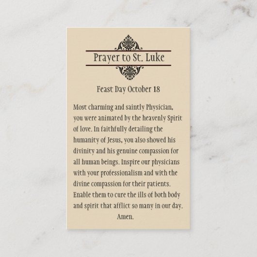 St. Luke Evangelist Patron van artsen Heilige Kaar Visitekaartje (Achterkant)