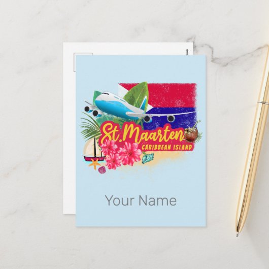 St. Maarten Retro Caribbean Island Plane Feestdagenkaart (Voorkant / Achterkant in situ)