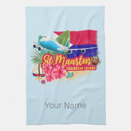 St. Maarten Retro Caribbean  Island Plane Theedoek (Verticaal)