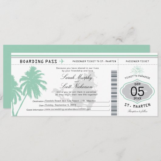 St. Martin Boarding Pass Destination Wedding Invit Kaart (Voorkant / Achterkant)