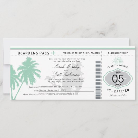 St. Martin Boarding Pass Destination Wedding Invit Kaart (Voorkant)