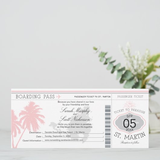 St. Martin Boarding Pass Destination Wedding Kaart (Staand voorkant)