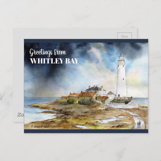 St Mary Lighthouse in Whitley Bay Waterverf Briefkaart (Voorkant / Achterkant)