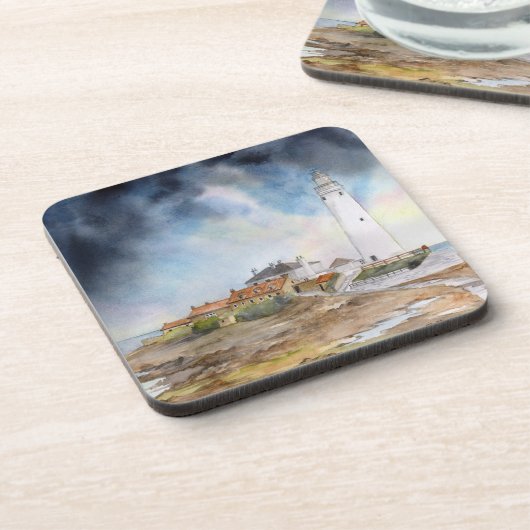 St Mary Lighthouse Whitley Bay Waterverf Bier Onderzetter (Linkerzijde)