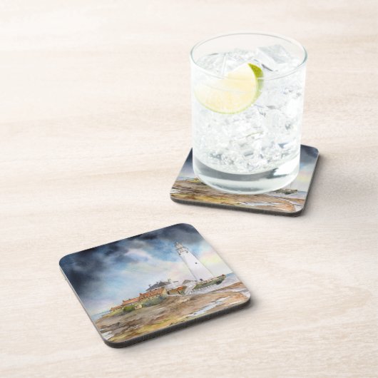 St Mary Lighthouse Whitley Bay Waterverf Bier Onderzetter (Rechterzijde)