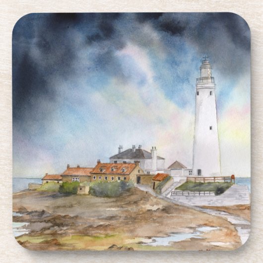 St Mary Lighthouse Whitley Bay Waterverf Bier Onderzetter (Voorkant)