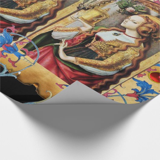 ST MARY MAGDALENE BLAUW BLOEMPERKAMENT RODE PARELT CADEAUPAPIER (Hoek)