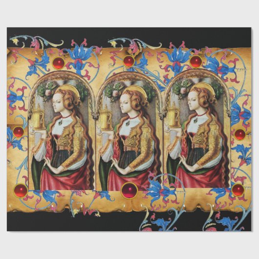 ST MARY MAGDALENE BLAUW BLOEMPERKAMENT RODE PARELT CADEAUPAPIER (Vlak)