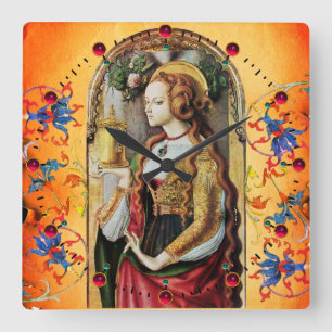 ST MARY MAGDALENE Orange Blue Floral Swirls Vierkante Klok