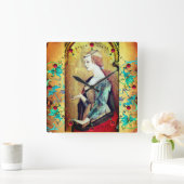 ST MARY MAGDALENE Yellow Blue Floral Swirls Vierkante Klok (Huis)