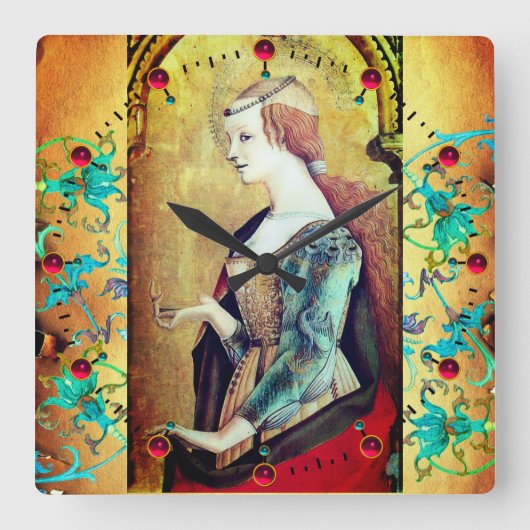 ST MARY MAGDALENE Yellow Blue Floral Swirls Vierkante Klok (Voorkant)