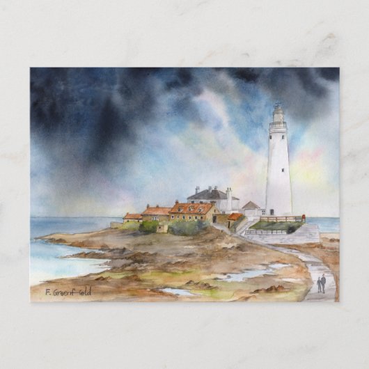 St Marys Lighthouse Whitley Bay Waterverf Briefkaart (Voorkant)