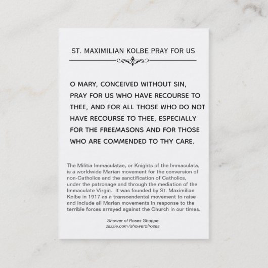 St. Maximilian Kolbe Militia Immaculata Heilige Ka Visitekaartje (Achterkant)