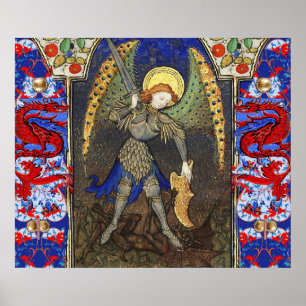 St. Michael de aartsengel met duivel, rode draken Poster