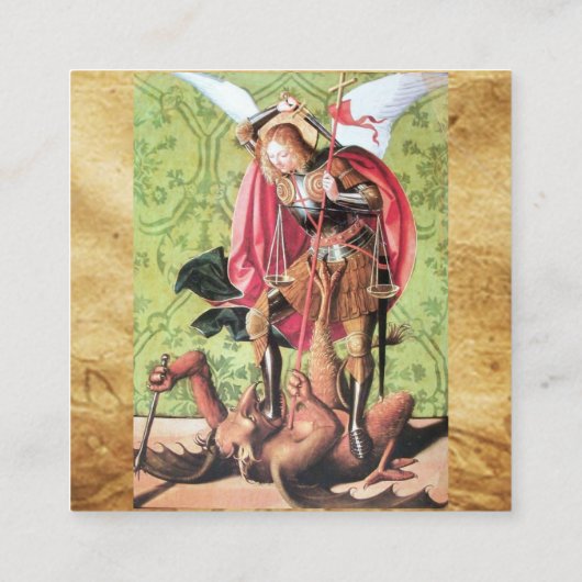 ST. MICHAEL, DRAGON EN JUSTITIE, bruin perkament B Vierkante Visitekaartje (Achterkant)
