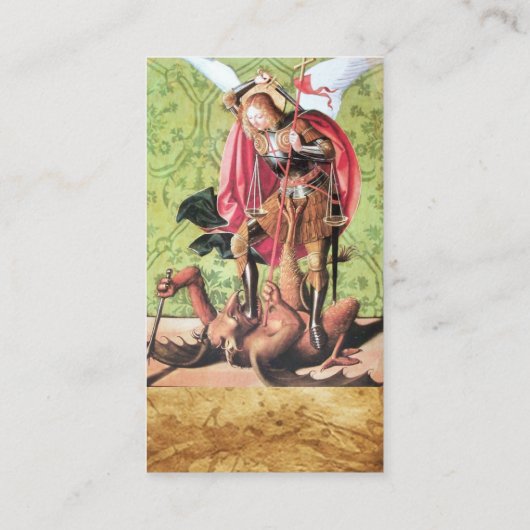 ST. MICHAEL, DRAGON EN JUSTITIE, bruin perkament Visitekaartje (Achterkant)