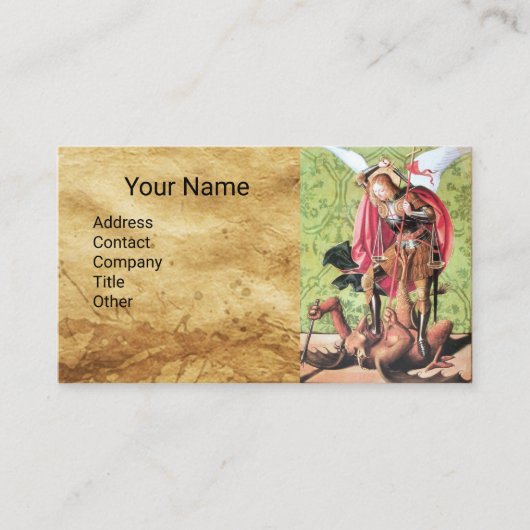 ST. MICHAEL, DRAGON EN JUSTITIE, bruin perkament Visitekaartje (Voorkant)