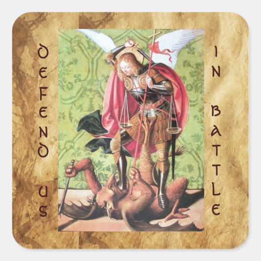 ST. MICHAEL, DRAGON EN JUSTITIE, groen rood bruin Vierkante Sticker (Voorkant)