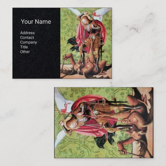 ST. MICHAEL, DRAGON EN JUSTITIE, rood groen zwart Visitekaartje (Voorkant / Achterkant)