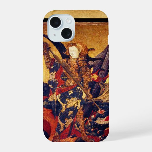 St. Michael overwint de duivel als middeleeuwse ri iPhone 15 Case (Achterkant)