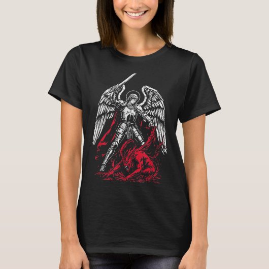 St Michael The Archangel Defeats Satan Catholic T-shirt (Voorkant)