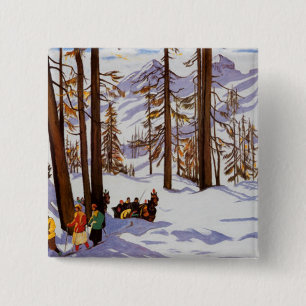 St. Moritz Vintage Skiers Alpine Elegance Kunst Vierkante Button 5,1 Cm